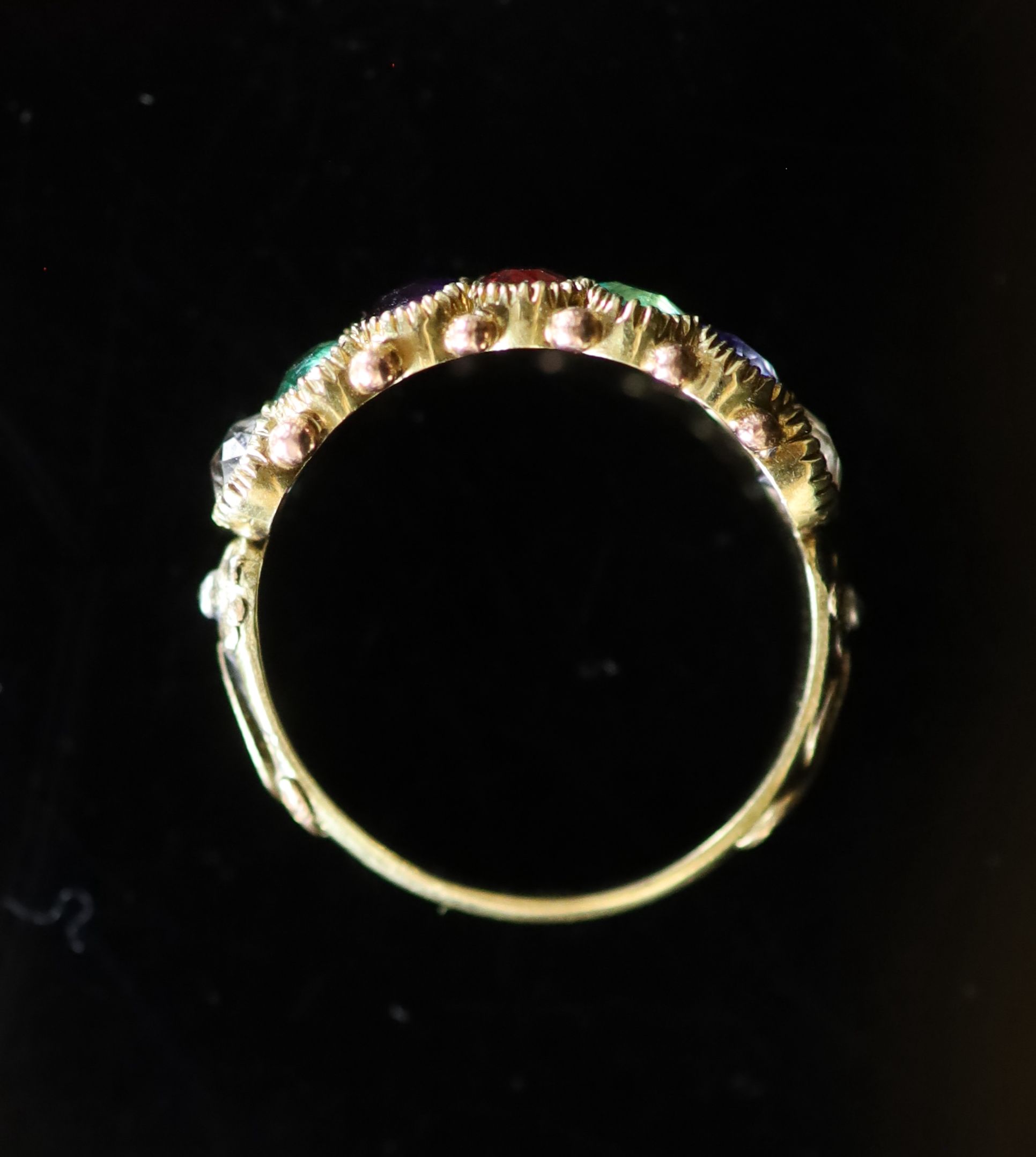 A 19th century gold and multi gem set ‘Dearest’ half hoop ring